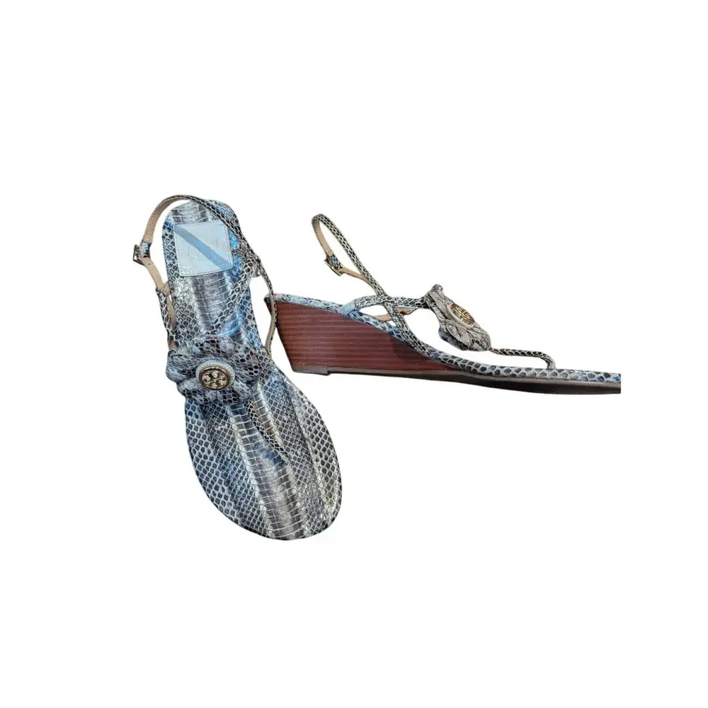 Tory Burch Snake Skin Flower Wedge Sandals